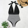 Summer One-piece Backless Lace-Up Ladies Swimsuit Floral-print Halter Bikini, Size: XL(Black+Oblique Strip)