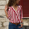 Women Striped Shirt Long Sleeve V-neck Shirts Casual Tops Blouse, Size:XXXL(Red)