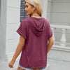 Ladies Summer Hooded Button Loose Short Sleeve T-Shirt Blouse, Size: L(Wine Red)