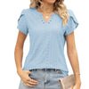 Women V-Neck Button Hollow Loose Short Sleeve T-Shirt Blouse, Size: M(Sky Blue)