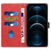 For iPhone 12 Pro Max Grid Stitching Leather Phone Case with Lanyard(Red)