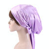 TJM-226 Ladies Satin Print Ribbon Bow Turban Hat Night Cap Silk Chemotherapy Hat Long Tail Braid Hat(Light Purple)
