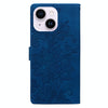 For iPhone 14 Plus / 15 Plus Lace Floral Embossed Magnetic Buckle Leather Phone Case(Blue)