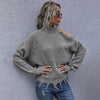 Ladies Loose Off Shoulder Ripped Long-Sleeved Turtleneck Autumn Knitted Sweater, Size:S(Dark Grey)
