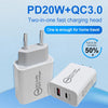 20W PD Type-C + QC 3.0 USB Interface Fast Charging Travel Charger with USB-C / Type-C to 8 Pin Fast Charge Data Cable EU Plug