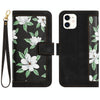 For iPhone 12 mini Floral Pattern Leather Phone Case with Lanyard(Black)