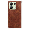 For Redmi Note 13 4G Lace Floral Embossed Magnetic Buckle PU Phone Case With Wrist Strap(Brown)