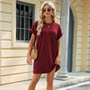 Women Spring Summer Round Neck Pocket Loose Short Sleeve Dress, Size: XXL(Wine Red)