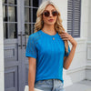Summer Women Round Neck Flower Lace Patchwork Short Sleeve T-Shirt, Size: XL(Peacock Blue)