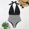 Summer One-piece Backless Lace-Up Ladies Swimsuit Floral-print Halter Bikini, Size: S(Black+Oblique Strip)