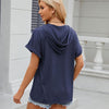 Ladies Summer Hooded Button Loose Short Sleeve T-Shirt Blouse, Size: XL(Navy)