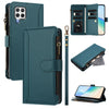 For Samsung Galaxy A22 4G Magnetic Closure Nine Card Slots Zipper Leather Case with Hand Strap(Dark Green)