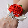 Handmade Wedding Bride Wrist Flower Boutonniere Bouquet Corsage Diamond Satin Rose Flowers(Red)