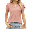 Women V-Neck Button Hollow Loose Short Sleeve T-Shirt Blouse, Size: L(Pink)