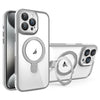 For iPhone 15 Pro Max Full Coverage Lens Film MagSafe Holder Transparent Phone Case(Grey+White)