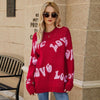Women Round Neck Knitted Sweater Letters Jacquard Pullover Sweater, Size: XL(Red)
