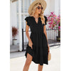 Butterfly Sleeve Layered Hem Dress V-Neck Loose Waist-Cinching Patchwork Dress, Size: L(Black)