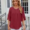 Summer Women Loose Chiffon Blouse Tops Round Neck 5 Points Sleeve Short Sleeve, Size: S(Wine Red)