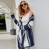 Women Striped Hooded Knit Cardigan Irregular Long-sleeved Sweater Jacket, Size: XL(Blue and White)