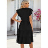 Butterfly Sleeve Layered Hem Dress V-Neck Loose Waist-Cinching Patchwork Dress, Size: S(Black)