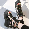 Summer Roman Sandals High Heel Floral Printed Cross Strap Women Shoes, Size: 38(Black)