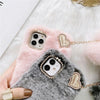 For iPhone 12 Pro Gold Diamond Flower Decorated Plush Silicone Phone Case with Pendant(Pink White)