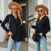Autumn Winter V-Neck Loose Long Sleeve Hooded Sweatshirt Women Outerwear, Size: XXL(Navy)