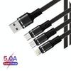 XJ-76 40W 5A 3 in 1 USB to 8 Pin + Type-C + Micro USB Super Flash Charging Cable, Length: 1.18m(Black)