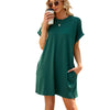 Women Spring Summer Round Neck Pocket Loose Short Sleeve Dress, Size: XXL(Dark Green)