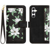 For Samsung Galaxy A56 5G Floral Pattern Leather Phone Case with Lanyard(Black)