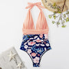 Summer One-piece Backless Lace-Up Ladies Swimsuit Floral-print Halter Bikini, Size: XL(Pink+Flower)