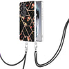 For Samsung Galaxy S25 Ultra 5G Electroplating Splicing Marble Flower IMD TPU Phone Case with Lanyard(Black Flower)