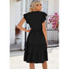 Butterfly Sleeve Layered Hem Dress V-Neck Loose Waist-Cinching Patchwork Dress, Size: XL(Black)