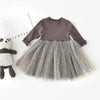 Winter Girls Patchwork Five-pointed Star Mesh Long-sleeved Dress, Kid Size:110cm(Chocolate)