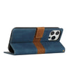 For iPhone 14 Pro Max Grid Stitching Leather Phone Case with Lanyard(Blue)