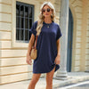 Women Spring Summer Round Neck Pocket Loose Short Sleeve Dress, Size: M(Navy)
