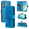 For Samsung Galaxy A26 5G Global Tree & Cat Embossed Pattern Flip Leather Phone Case(Blue)
