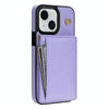 For iPhone 15 Three Fold Card Bag Phone Case with Long Lanyard(Purple)