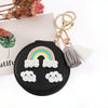 PU Leather Double-sided Folding Mirror Rainbow Tassel Makeup Mirror Keychain(Black)