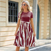 Women Spring Summer Round Neck Splicing Printed Short Sleeve Big Hem Dress, Size: M(Wine Red)