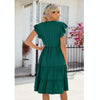 Butterfly Sleeve Layered Hem Dress V-Neck Loose Waist-Cinching Patchwork Dress, Size: L(Dark Green)