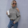Ladies Loose Off Shoulder Ripped Long-Sleeved Turtleneck Autumn Knitted Sweater, Size:S(Dark Grey)