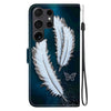 For Samsung Galaxy S22 Ultra 5G Crystal Texture Colored Drawing Leather Phone Case(White Butterfly Feathers)