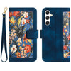 For Samsung Galaxy A56 5G Floral Pattern Leather Phone Case with Lanyard(Dark Blue)