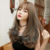 Wig Female Long Hair Highlighting Gradient Big Wave Hair Cover Comfortable Natural Full Shoulder Hair(Cold Brown Pick Haze Blue 53CM)
