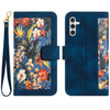 For Samsung Galaxy S25 5G Floral Pattern Leather Phone Case with Lanyard(Dark Blue)