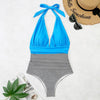 Summer One-piece Backless Lace-Up Ladies Swimsuit Floral-print Halter Bikini, Size: L(Blue+Oblique Strip)