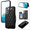For Samsung Galaxy S21 5G Rhombic Dual Buckle Card Slots Phone Case with Lanyard(Black)