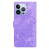 For iPhone 15 Pro Max Lace Floral Embossed Magnetic Buckle Leather Phone Case(Purple)