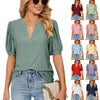 Women Summer Casual V-Neck Hollow Bubble Sleeve Loose T-Shirt, Size: S(Black)